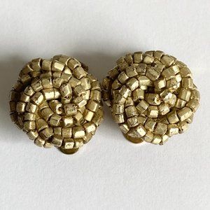 Vintage Gold Beaded Clip On Earrings Bead Cluster 70s Taiwan Hand Knotted